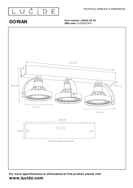 Lucide DORIAN - Plafondspot - LED Dim to warm - GU10 - 3x12W 2200K/3000K - Zwart - technisch
